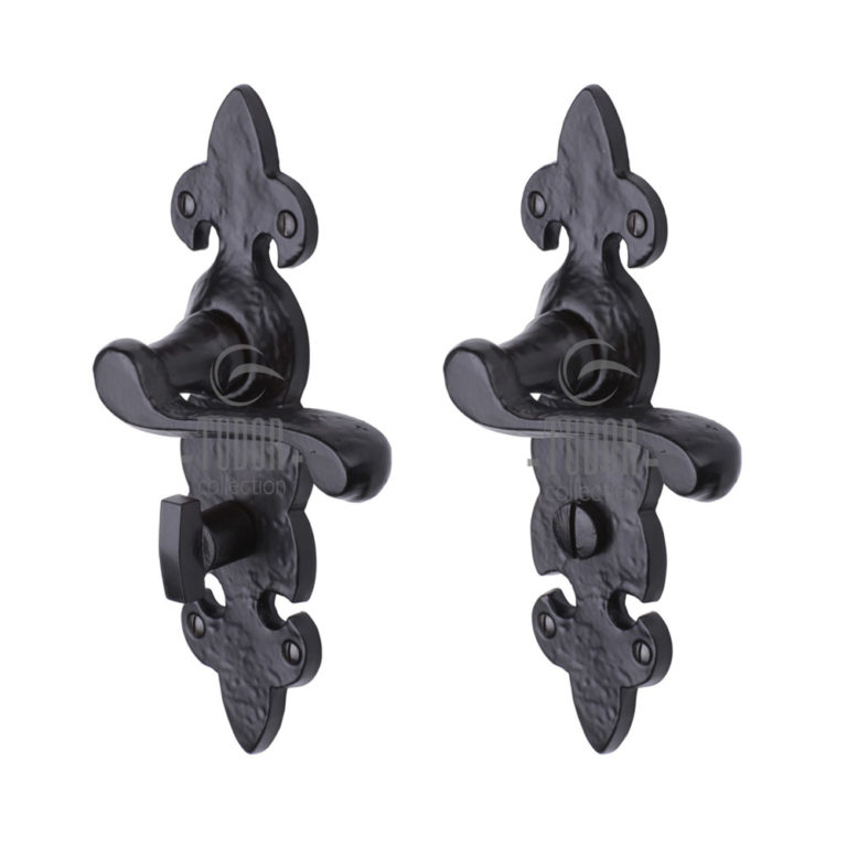 Traditional Black Iron Fleur De Lys Lever Lock Handle - Vintage Style Door Hardware